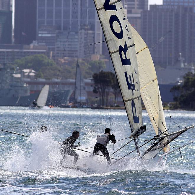 Peroni's crew show the skill required to keep the skiff racing at top speed © Frank Quealey /Australian 18 Footers League http://www.18footers.com.au